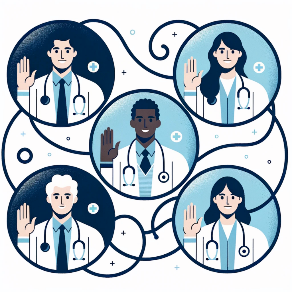 An illustration of five doctors inside circular profile windows. The doctors are diverse: a Hispanic male, an African female, a Middle Eastern male, a Caucasian female, and an Asian female. They wave to one another, emphasizing camaraderie.